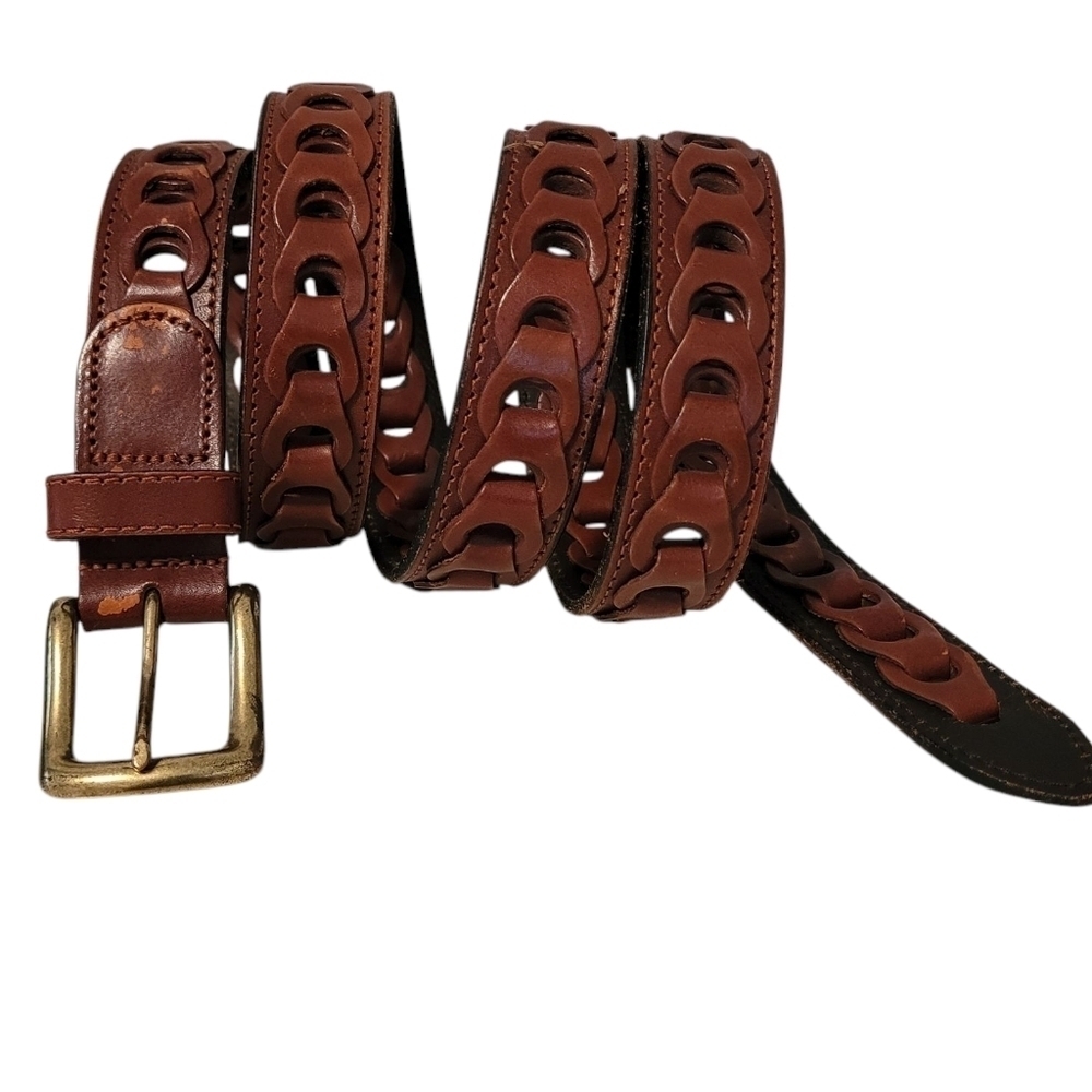Men's 46 Brown Leather Open Loop Belt Casual Neutral Preppy Quality